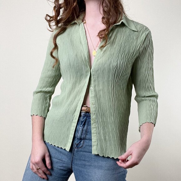 Vintage Pleated Crinkle Texture Oversized Button Up Relaxed Fit Blouse Shirt Top - Picture 7 of 7